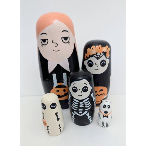 Nesting Wooden Halloween Matryoshka Dolls Black Orange Wednesday Addams Skull - Picture 1 of 4
